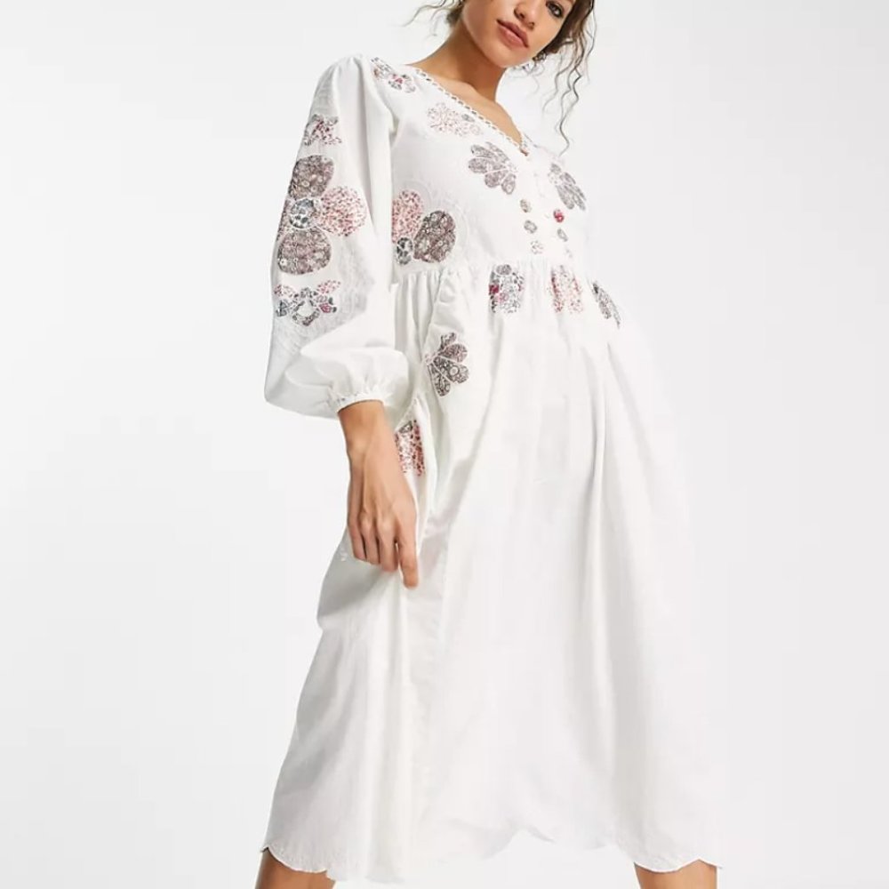 ASOS patchwork floral embroidered bellow pocket midi dress size 6